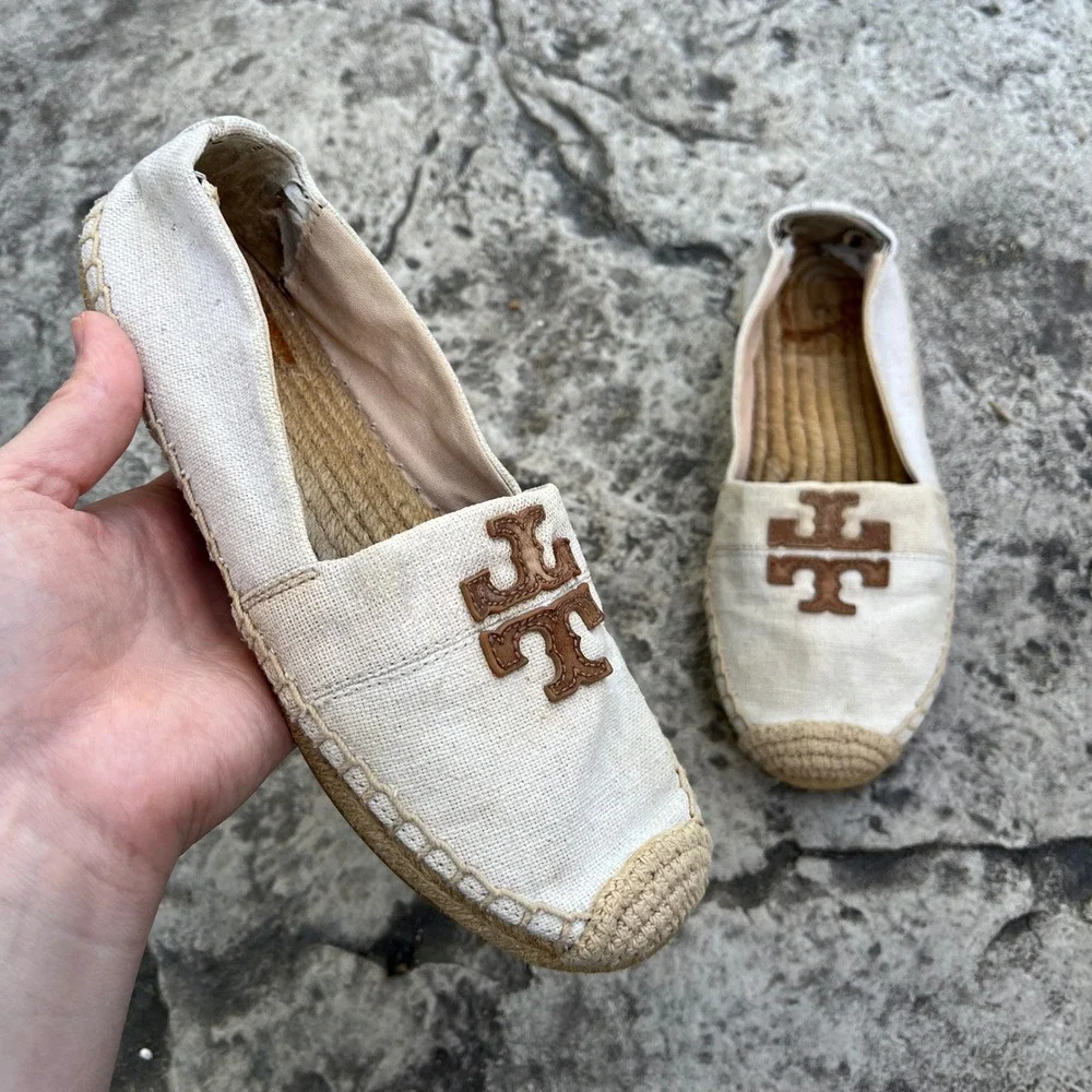 Tory Burch Ines Espadrille Flats Cream Canvas Tan Logo Slip On Shoes Womens 6.5M